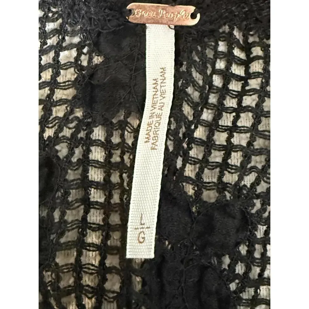 Free People Black Crochet Open-Back Long Sleeve Top with White Trim